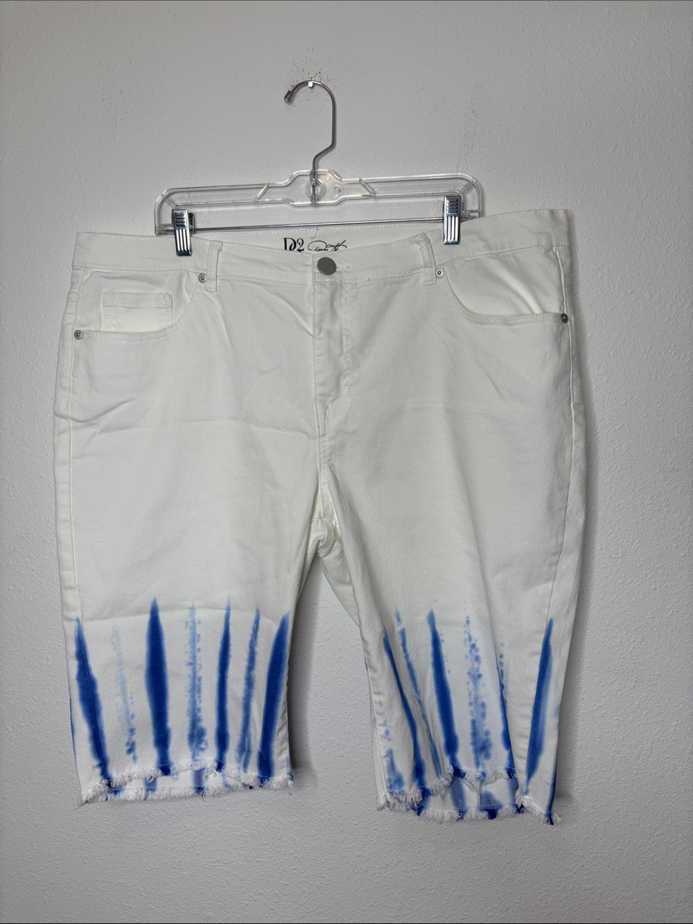 DG2 by Diane Gilman White Jean Shorts with Blue Tie-Dye Hem